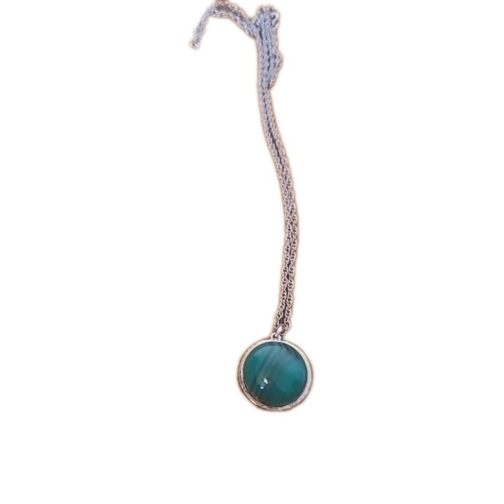 Costume Ball Shaped Pendant W Teal Blk Stripes/Silvertone Necklace 30"